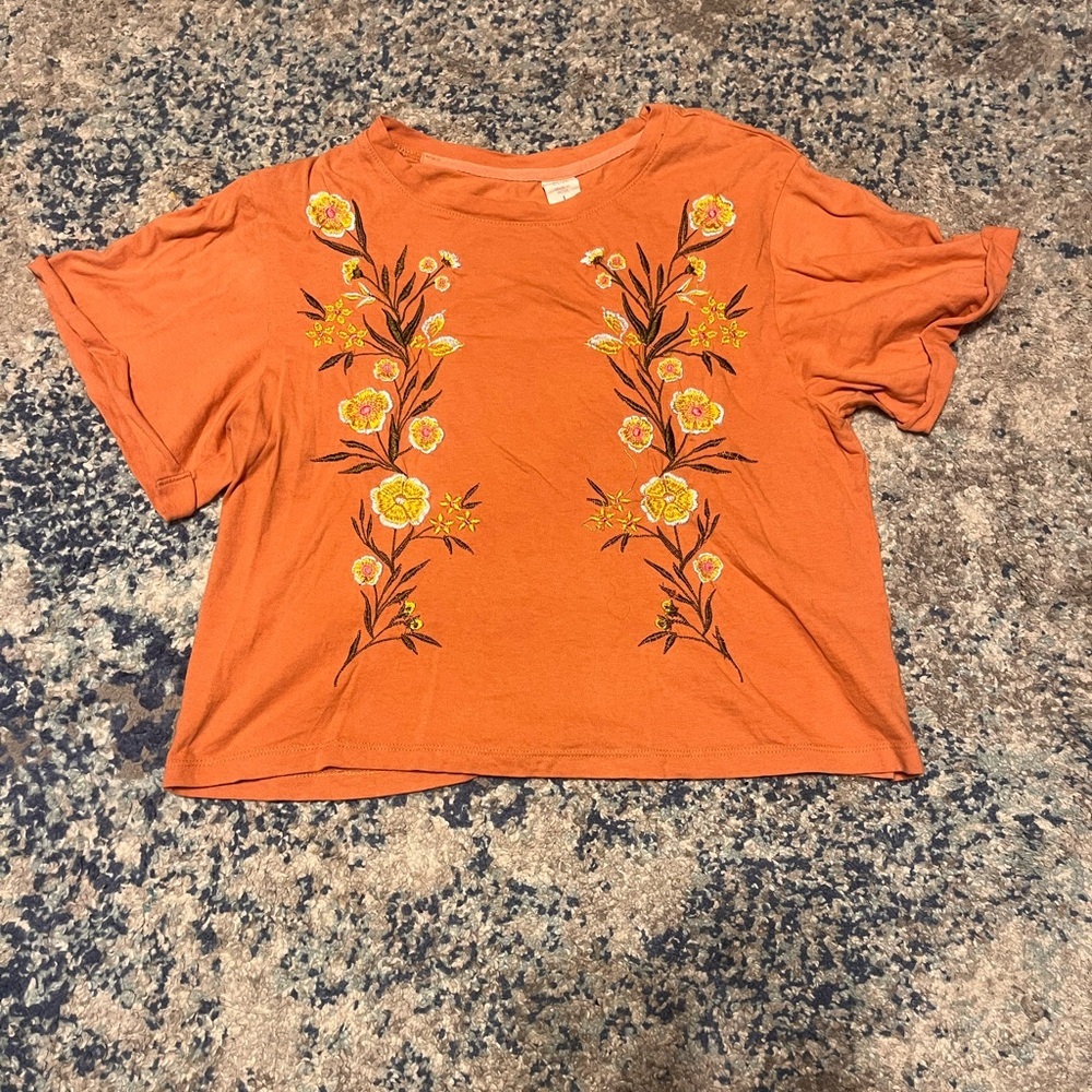 Darling Blue Orange Floral Embroidered Boho Tee Women's Large